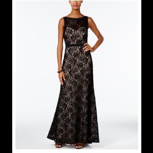 Nightway Long Dress with Black Lace Overlay